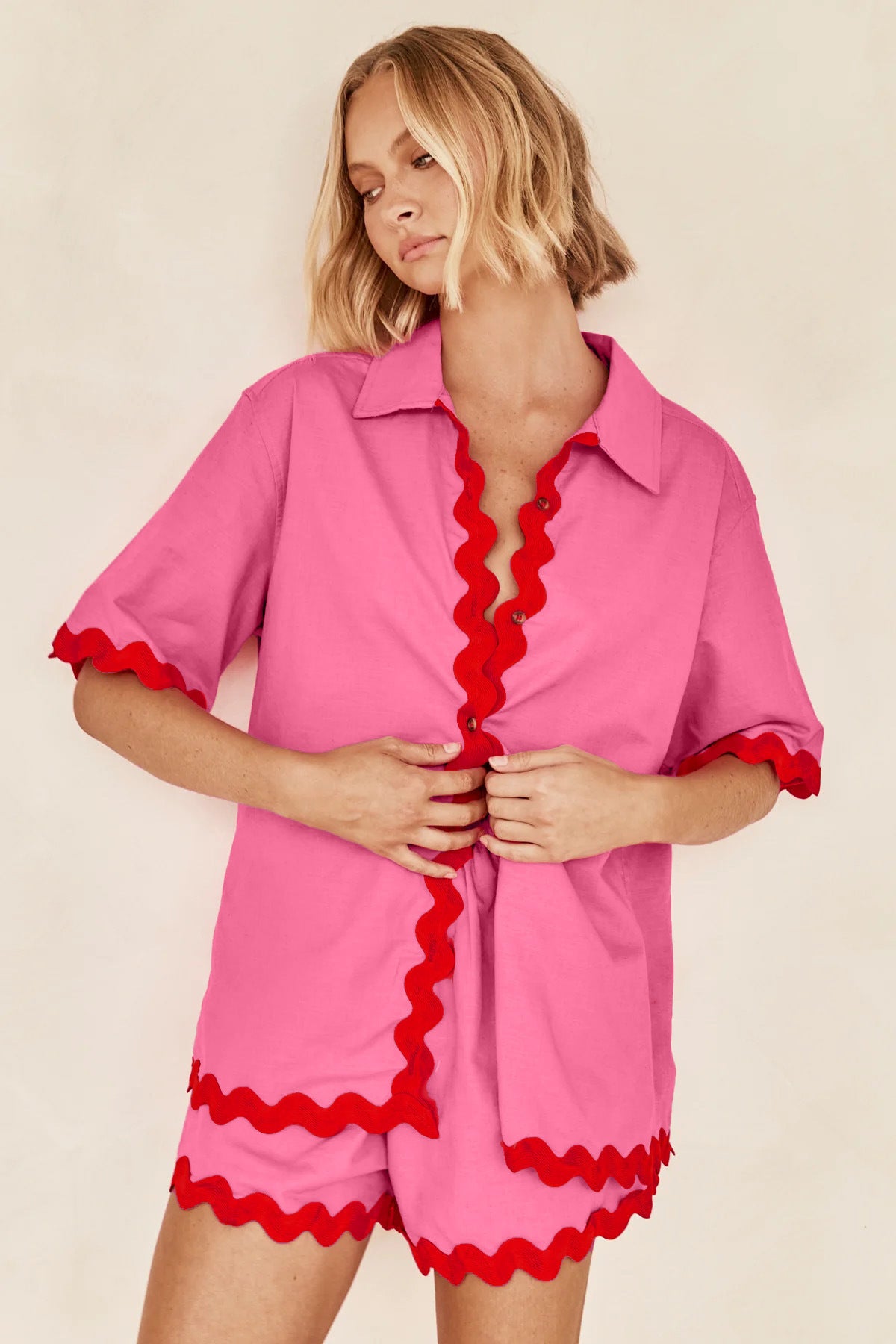 Ensemble 2 Pièces Été Femme Polyester – Chemise Col V Manches Courtes & Short Imprimé Vagues 7 Coloris