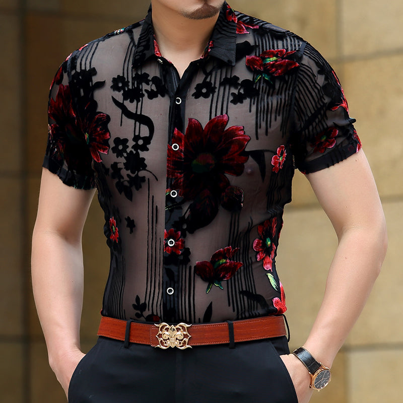 Chemise Soie Florale Transparente Homme Manches Courtes – Col Pointu Été Rouge S-3XL