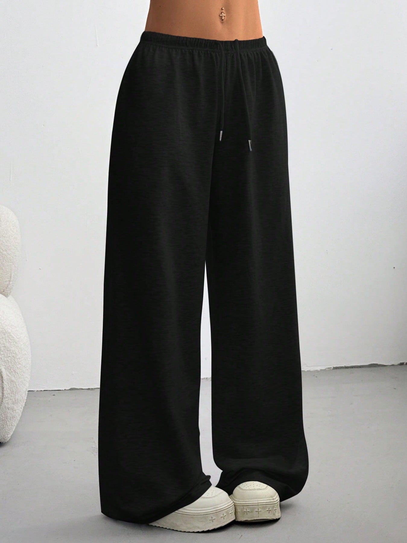 Pantalon Large Évasé Femme Polyester Cordon – Sport Casual Gris Noir Bordeaux Bleu Marine