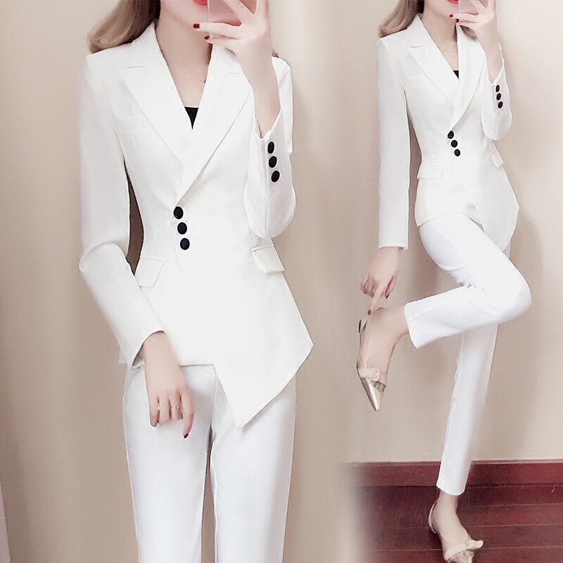 Tailleur Pantalon Slim Femme – Veste & Pantalon Ajusté Blanc Noir