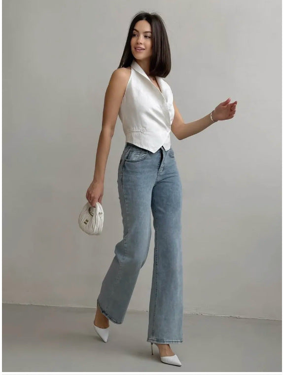 Pantalon Évasé Femme Denim Coton Lavé – Taille Mi-Haute Style Commuter Chic Bleu
