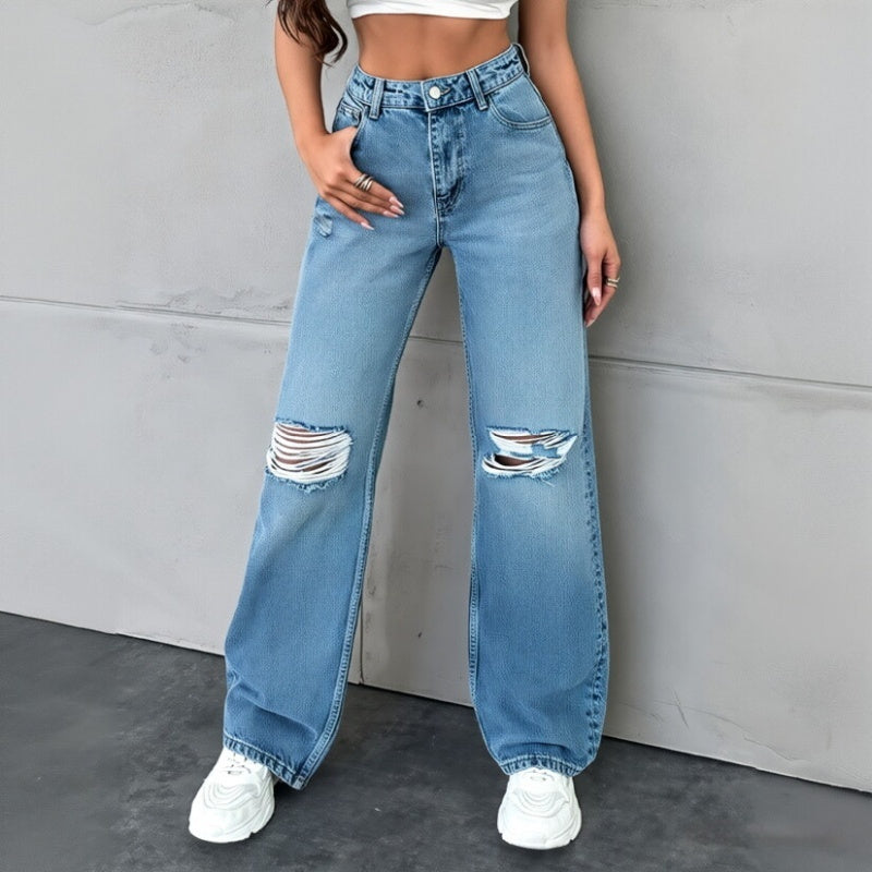 Jean Droit Casual Lavé Femme Polyester – Taille Haute Bleu Clair Bleu Moyen Noir