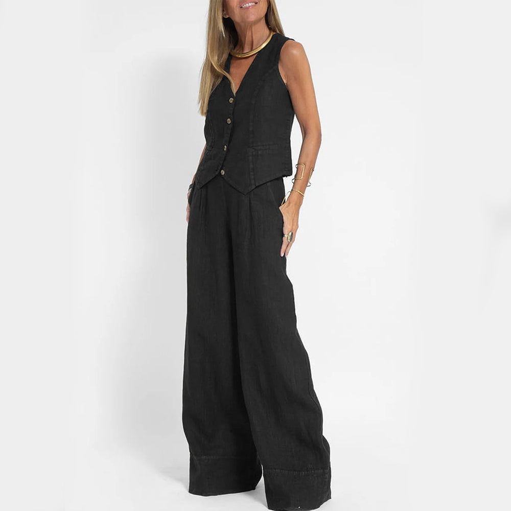 Ensemble Été Femme Lin Coton – Gilet Col V Sans Manches & Pantalon Droit Casual 10 Coloris S-4XL