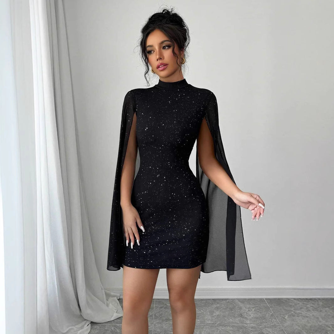 Robe Soirée Femme Chiffon Perles Col Rond – Manches Cape Moulante Élégante
