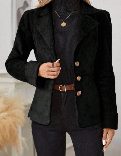 Veste Fourrure Femme Col Revers – Chaude Casual Poches Polyester