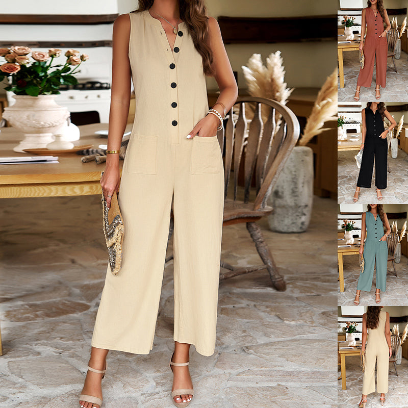 Combinaison Femme Lin Chanvre Sans Manches – Pantalon Large Boutons Casual