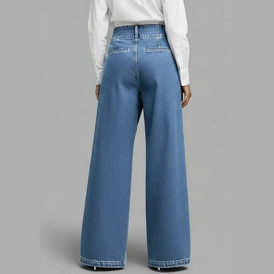 Jean Droit Slim Femme Denim Polyester – Bleu & Noir Longueur Complète