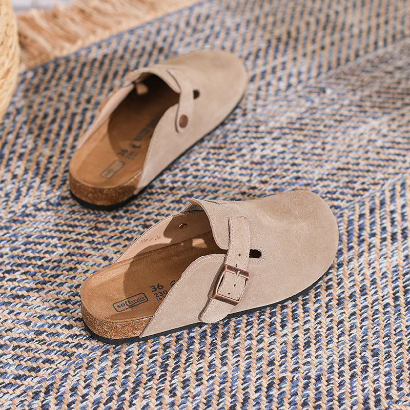 Women's Genuine Leather Mules – Retro Closed-Toe French Style Slippers