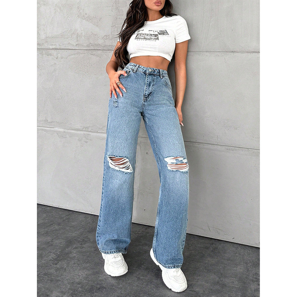 Jean Droit Casual Lavé Femme Polyester – Taille Haute Bleu Clair Bleu Moyen Noir