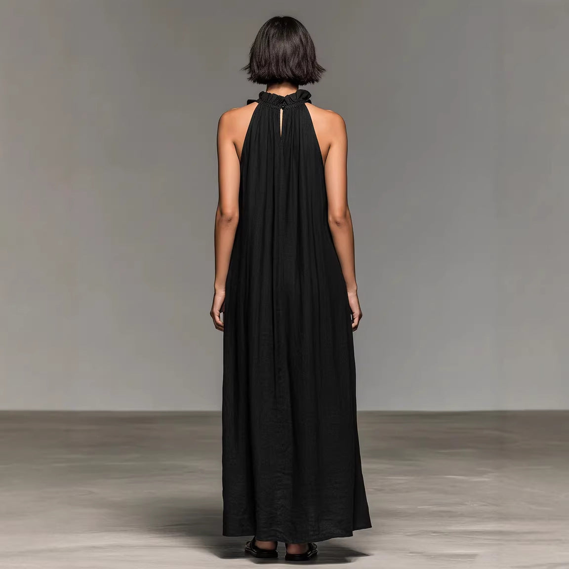 Robe Maxi Femme Soie Glacée Col Licou – Style Resort Dos Nu Volantée