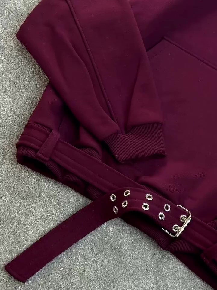 Hoodie Oversize Bordeaux – Sweat à Capuche Ceinture Latérale