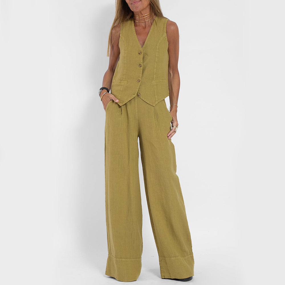 Ensemble Été Femme Lin Coton – Gilet Col V Sans Manches & Pantalon Droit Casual 10 Coloris S-4XL