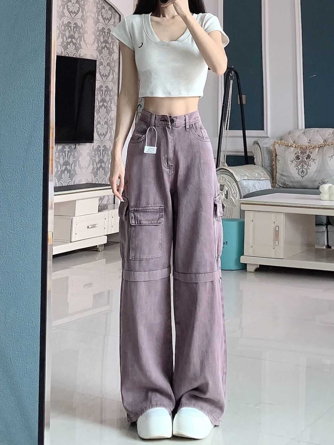 Jean Cargo Violet Rétro Femme – Pantalon Large Taille Haute