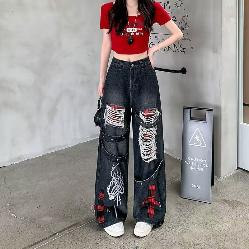 Jean Déchiré Femme Denim Vintage – Style Streetwear Hip-Hop Noir