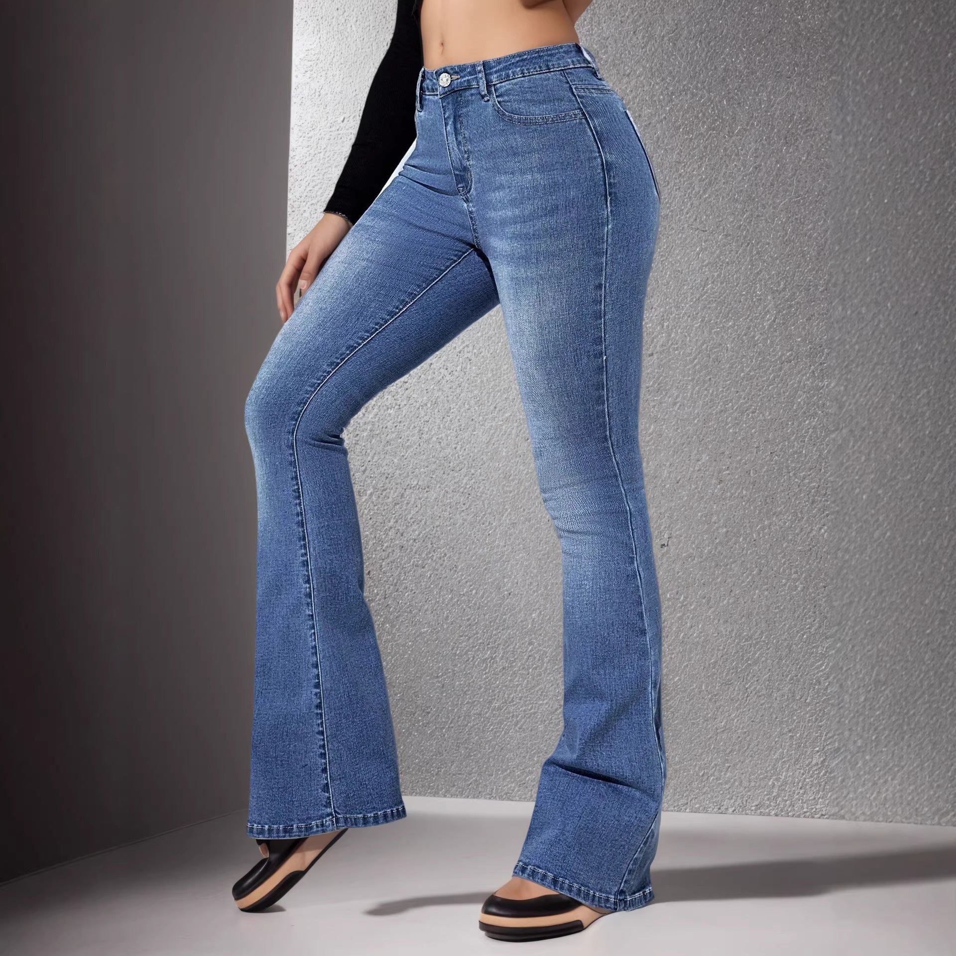 Jean Évasé Slim Femme Polyester Lavé Glace – Taille Haute Zip Bleu Saphir