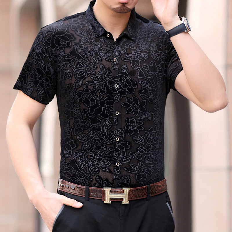 Chemise Soie Florale Transparente Homme Manches Courtes – Col Pointu Été Rouge S-3XL
