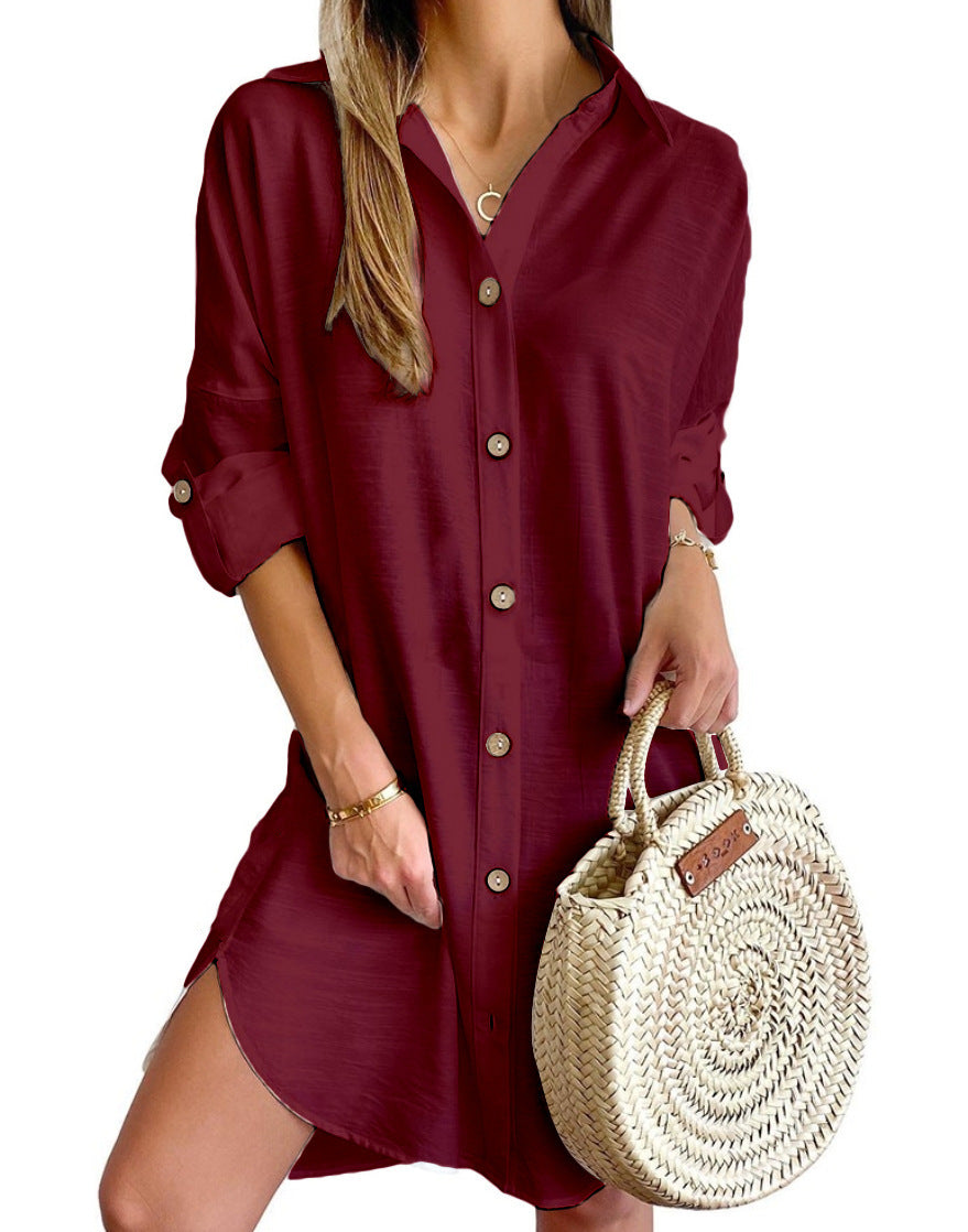 Robe Chemise Femme Polyester Manches Longues Col Boudé – Style Urbain Commuter