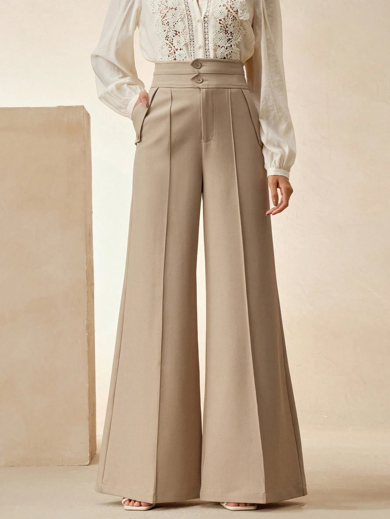 Pantalon large pour femme Polyester Kaki – Taille Haute Style Coréen Workwear