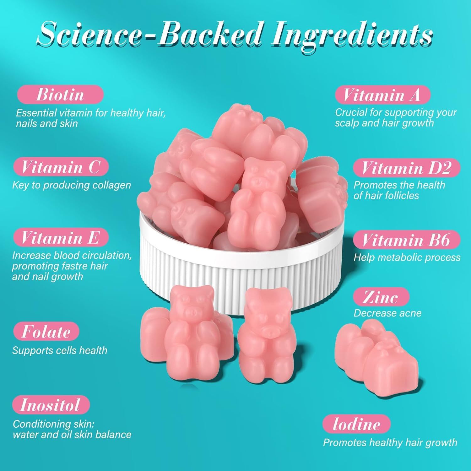 Gummies Biotine TUDCA – Complément Alimentaire Cheveux Ongles Peau 60 Pièces