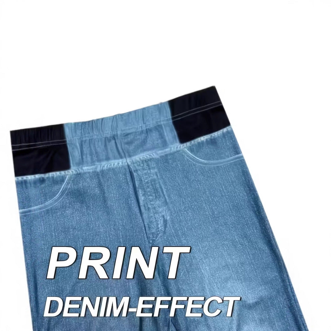 Pantalon Slim Taille Élastique Femme Polyester Imprimé – Style Japonais Coréen Casual Bleu Clair