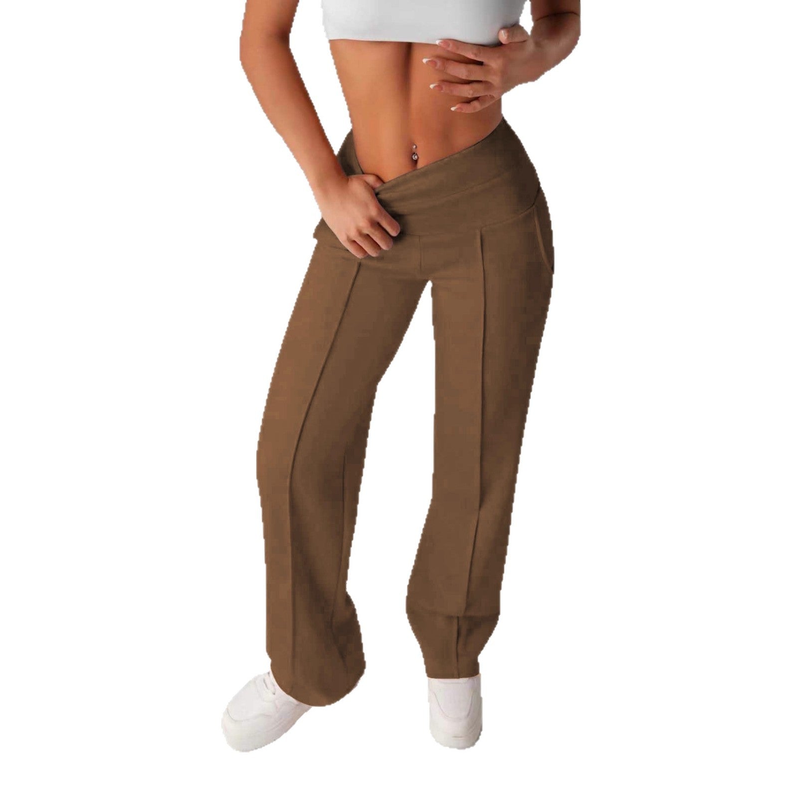 Pantalon Droit Slim Femme Polyester Uni – Casual Polyvalent Marron Foncé Noyer