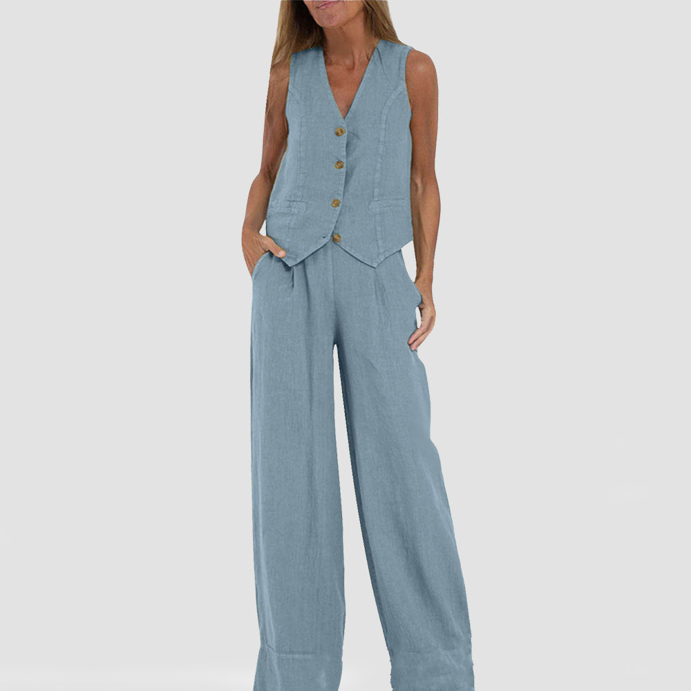 Ensemble Été Femme Lin Coton – Gilet Col V Sans Manches & Pantalon Droit Casual 10 Coloris S-4XL