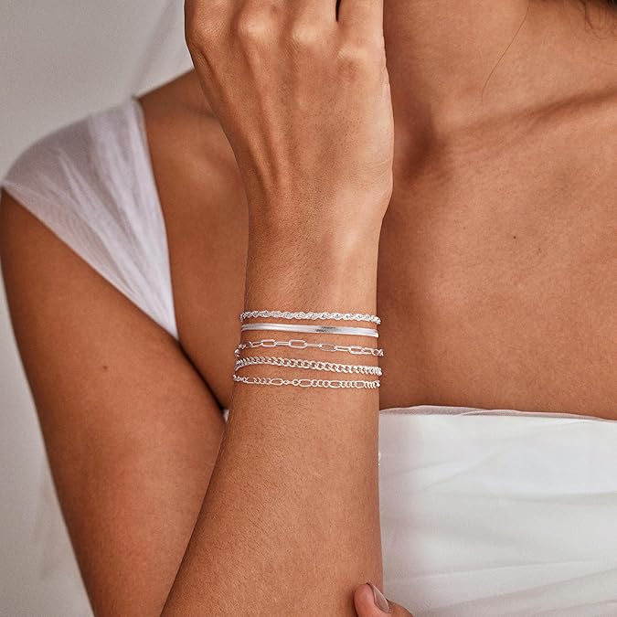 Lot 5 Bracelets Femme Argenté 14K – Set Superposable Ajustable Tendance