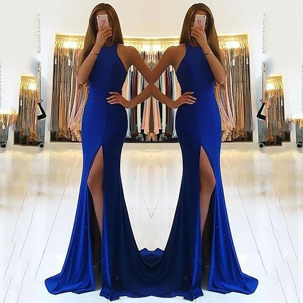Robe de Soirée Longue Femme Tricot – Col Licou Taille Haute Zip Creux