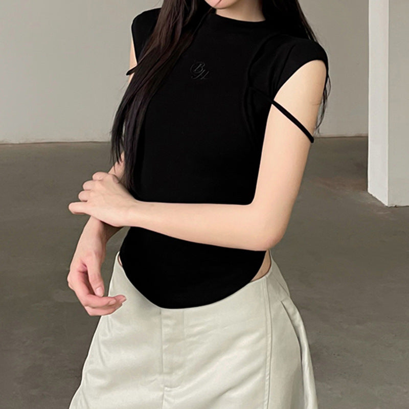 Top Femme Tricot Ourlet Irrégulier – Pull Polyester Manches Classiques Noir