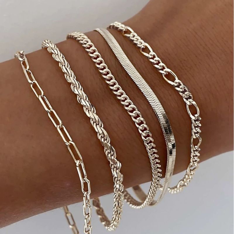 Lot 5 Bracelets Femme Argenté 14K – Set Superposable Ajustable Tendance