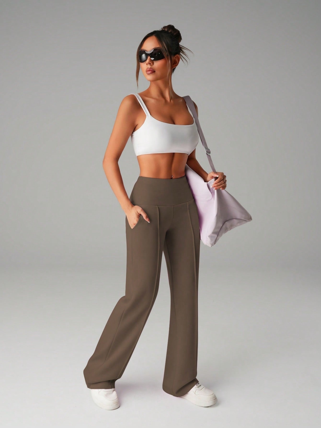 Pantalon Droit Slim Femme Polyester Uni – Casual Polyvalent Marron Foncé Noyer