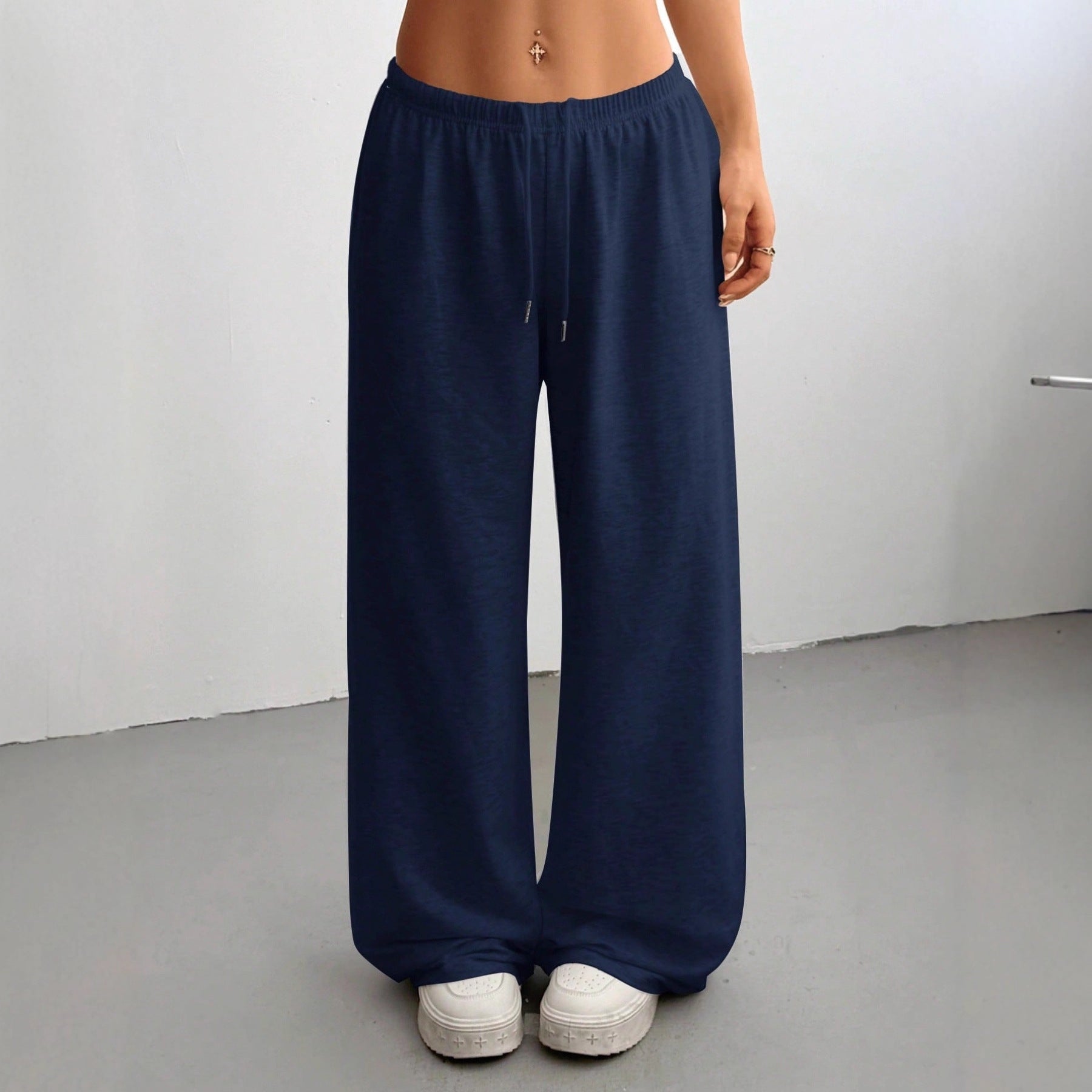 Pantalon Large Évasé Femme Polyester Cordon – Sport Casual Gris Noir Bordeaux Bleu Marine
