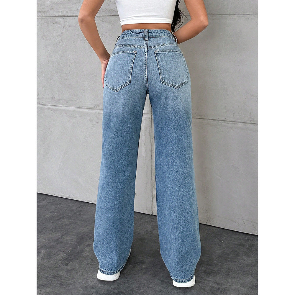Jean Droit Casual Lavé Femme Polyester – Taille Haute Bleu Clair Bleu Moyen Noir