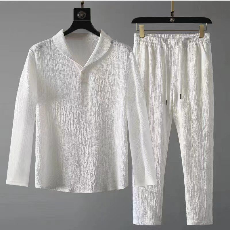 Costume Léger Manches Longues Homme Polyester – Veste + Pantalon Casual Noir Blanc M-4XL