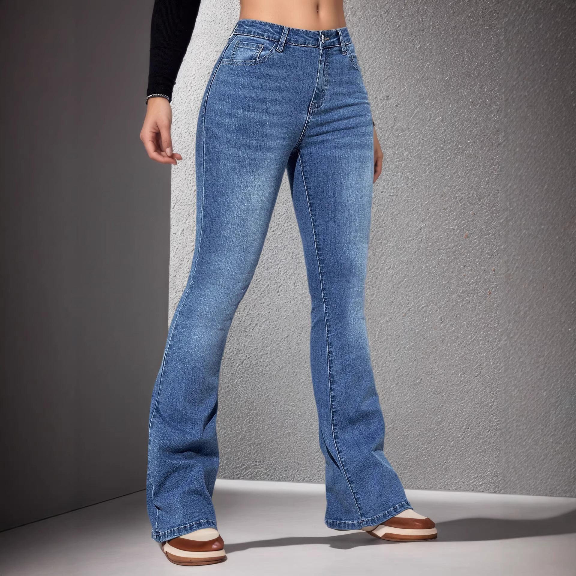 Jean Évasé Slim Femme Polyester Lavé Glace – Taille Haute Zip Bleu Saphir