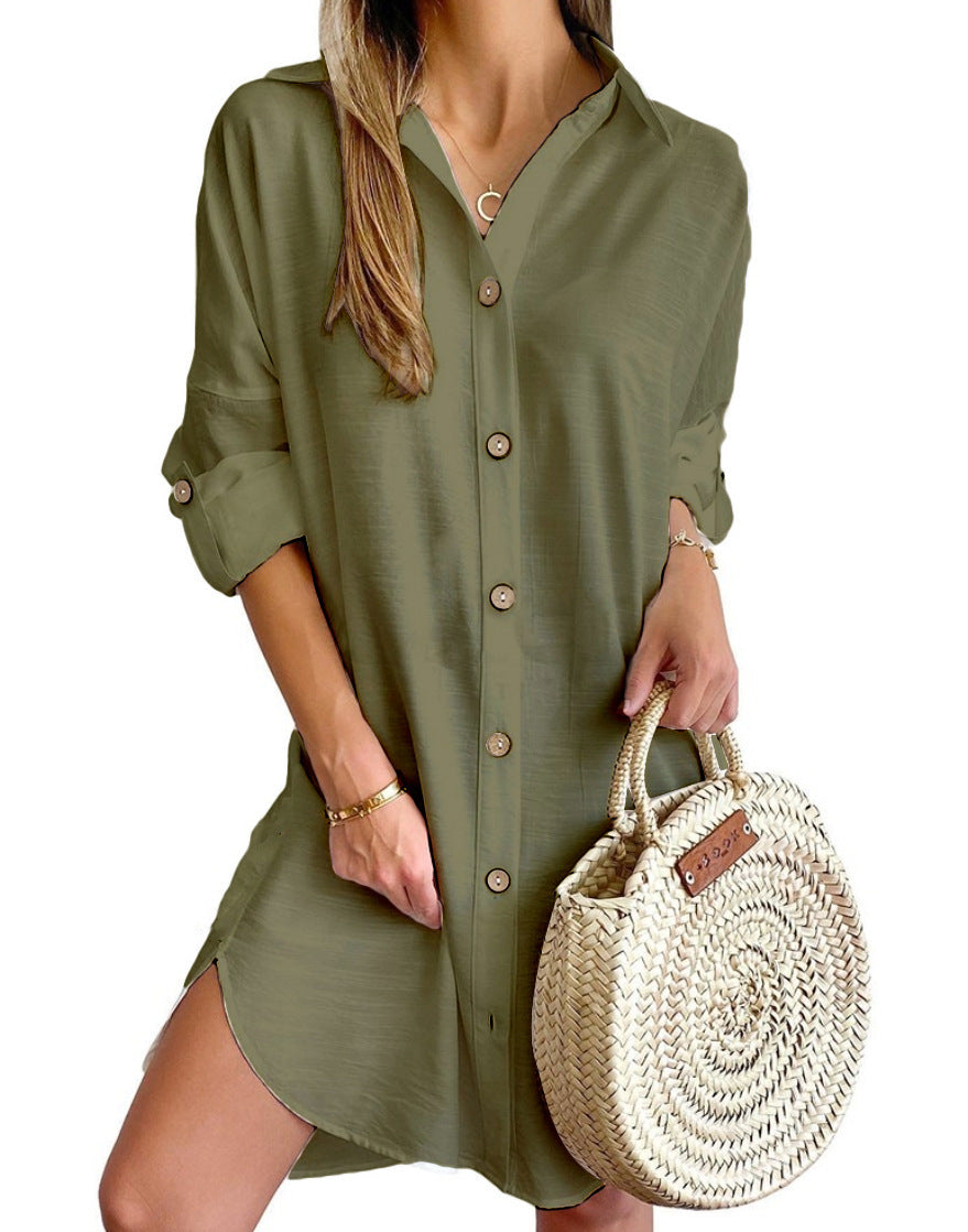 Robe Chemise Femme Polyester Manches Longues Col Boudé – Style Urbain Commuter