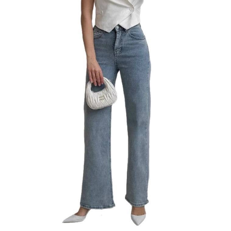 Pantalon Évasé Femme Denim Coton Lavé – Taille Mi-Haute Style Commuter Chic Bleu