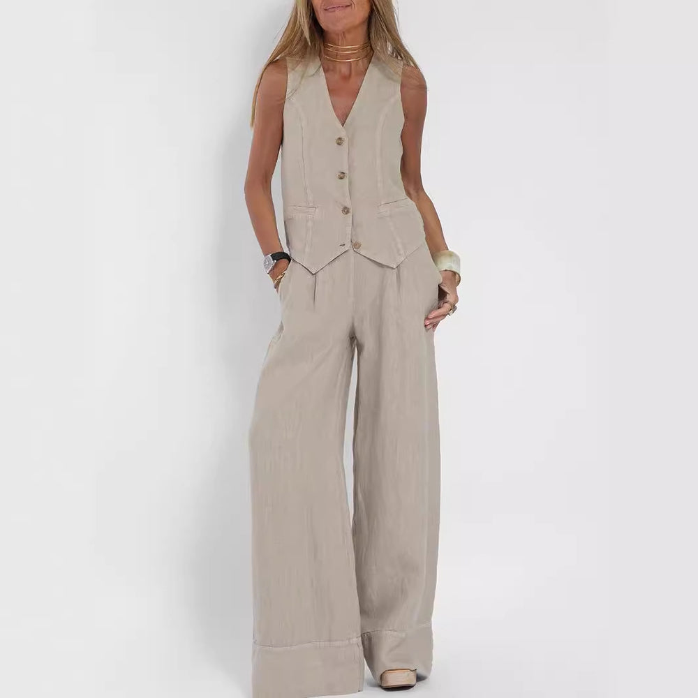 Ensemble Été Femme Lin Coton – Gilet Col V Sans Manches & Pantalon Droit Casual 10 Coloris S-4XL