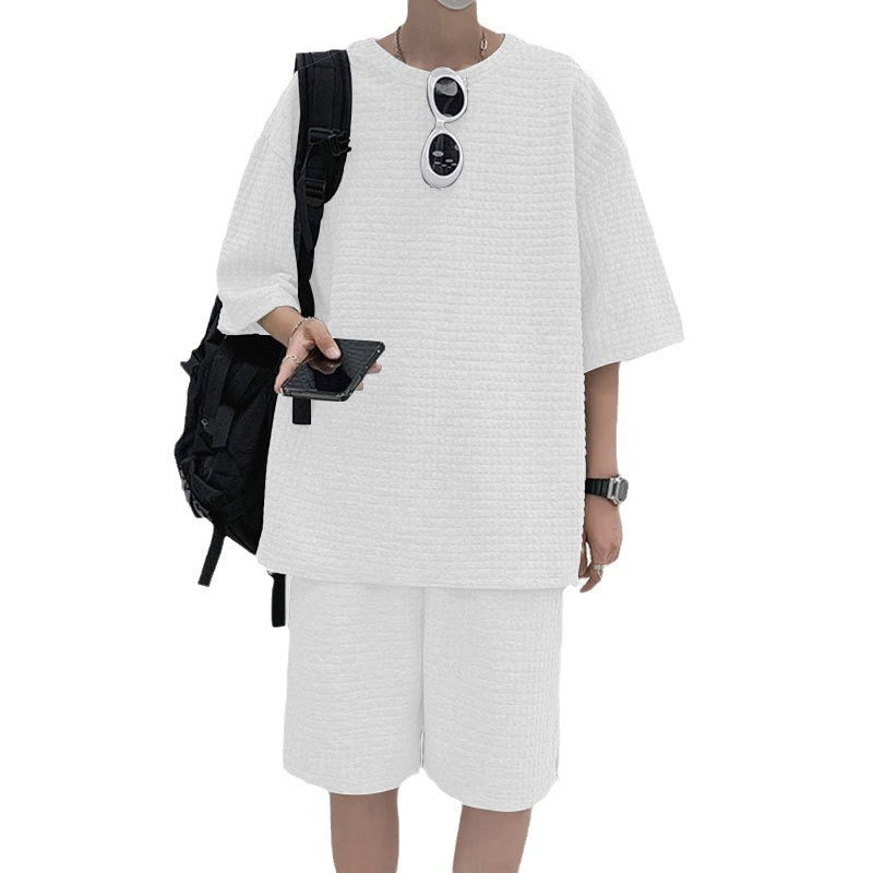 Ensemble Short Manches Courtes Loose Homme Polyester – T-shirt + Short Été Noir Gris Kaki Blanc S-3XL