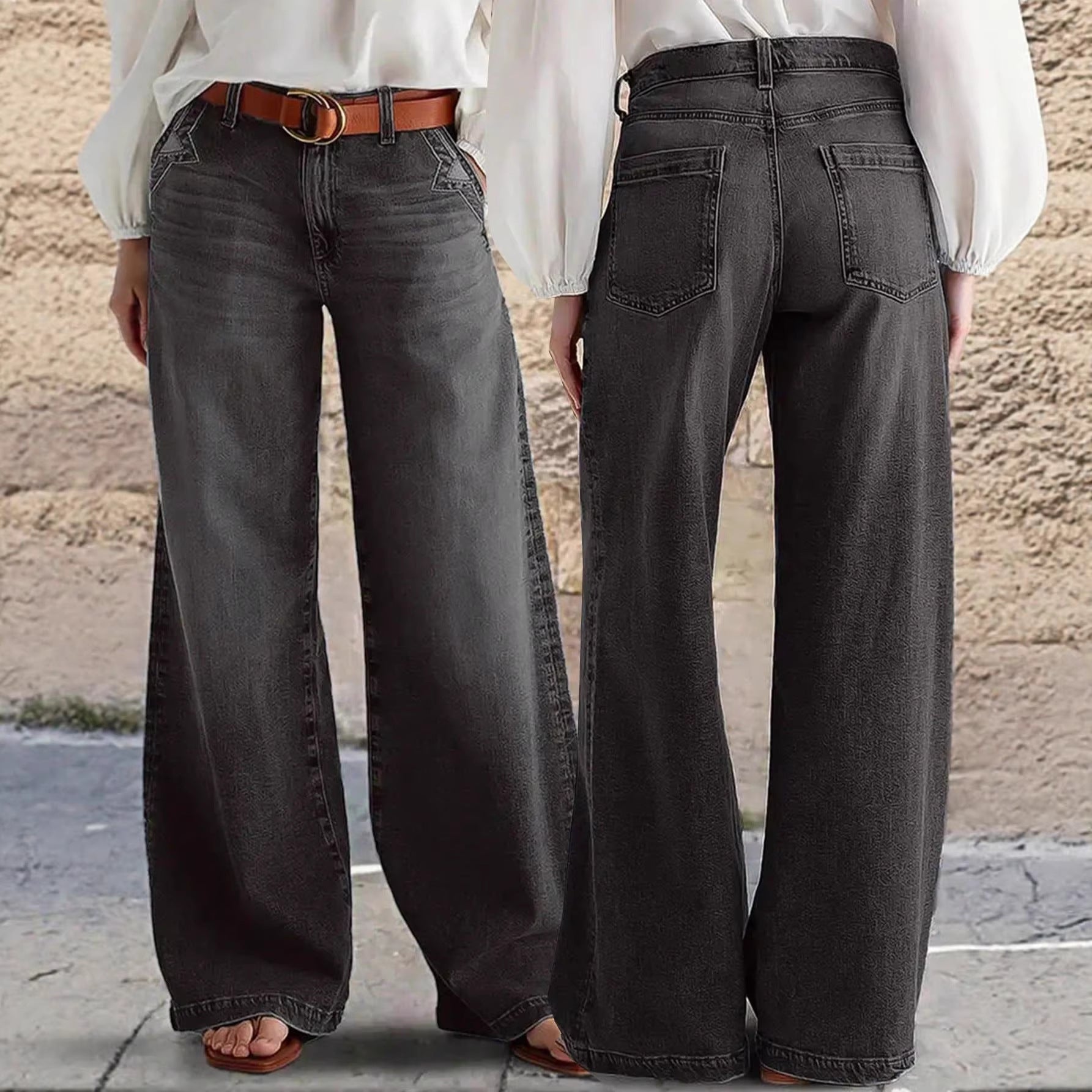 Jean Droit Stretch Femme – Style Vintage Artistique Taille Mi-Haute Noir Gris