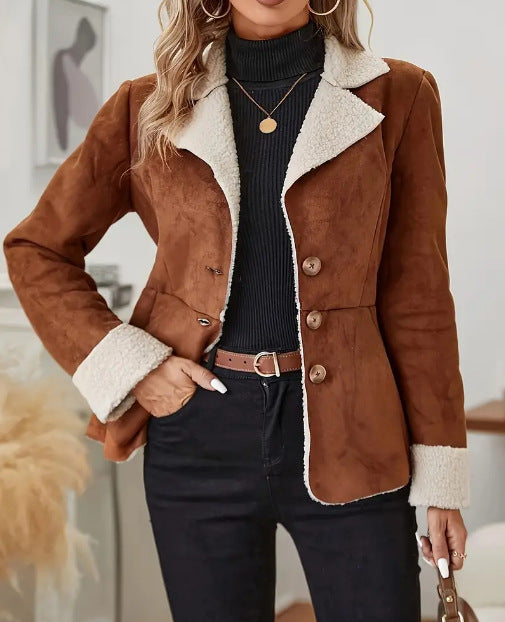 Veste Fourrure Femme Col Revers – Chaude Casual Poches Polyester