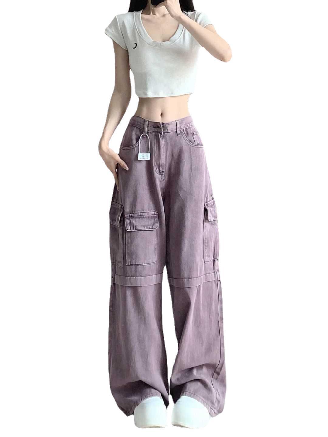 Jean Cargo Violet Rétro Femme – Pantalon Large Taille Haute