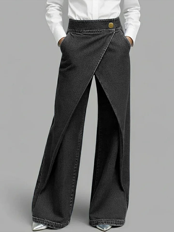 Jean Droit Slim Femme Denim Polyester – Bleu & Noir Longueur Complète