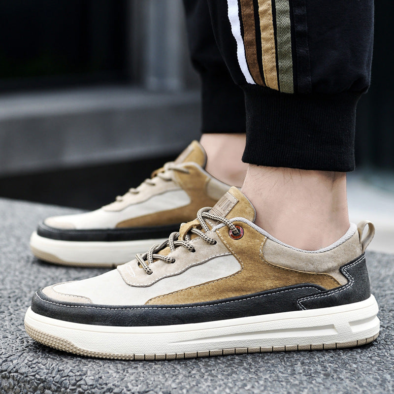 Sneakers Minimalistes Homme – Basket Plate Rétro Cuir Kaki