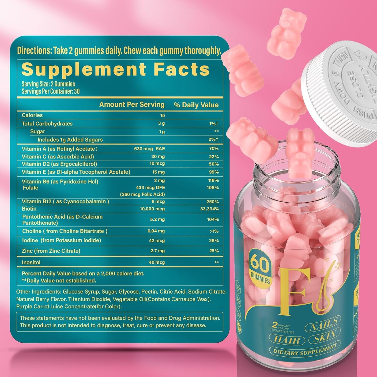 Gummies Biotine TUDCA – Complément Alimentaire Cheveux Ongles Peau 60 Pièces