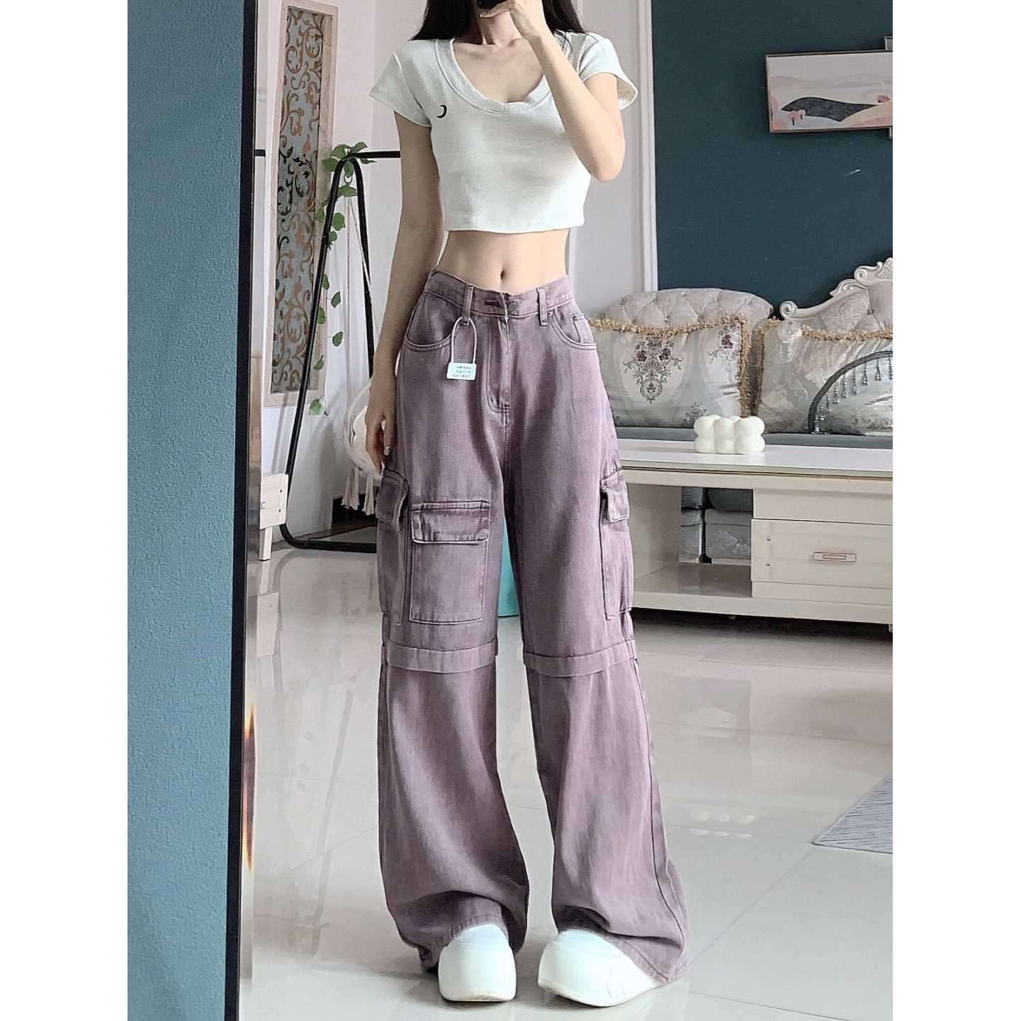 Jean Cargo Violet Rétro Femme – Pantalon Large Taille Haute