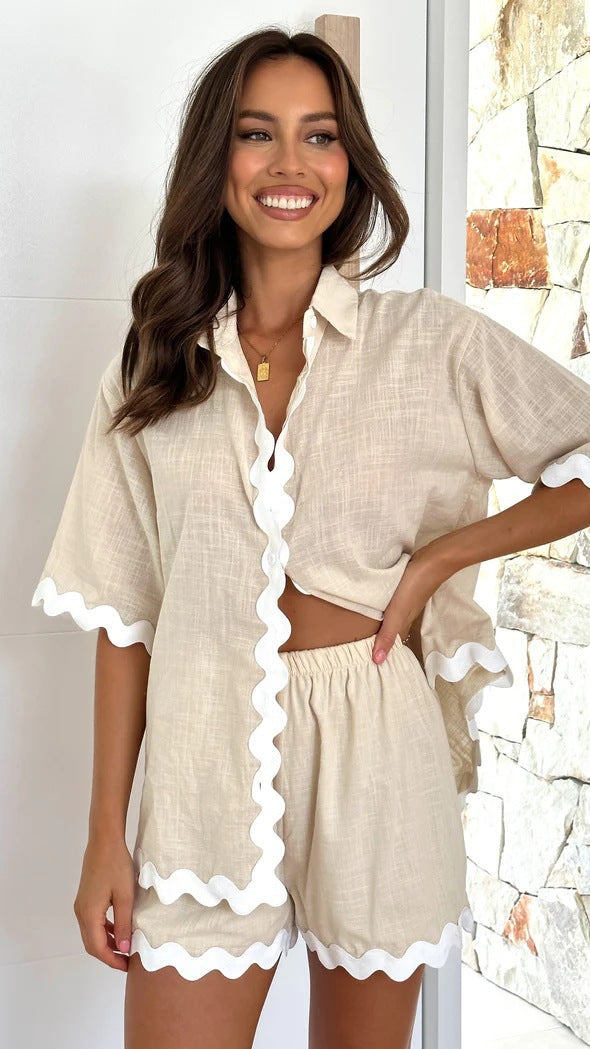 Ensemble 2 Pièces Été Femme Polyester – Chemise Col V Manches Courtes & Short Imprimé Vagues 7 Coloris
