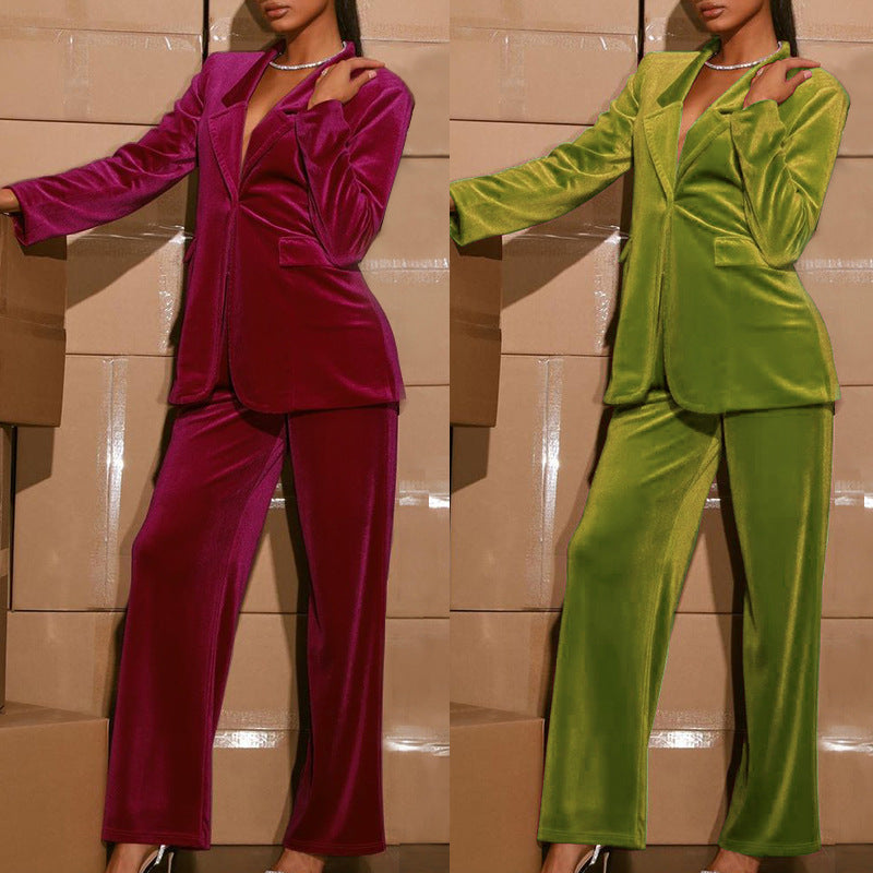 Women's Wide Leg Jacket & Pants Set, Polyester, Long Sleeves, Burgundy Green, Sizes S-XL