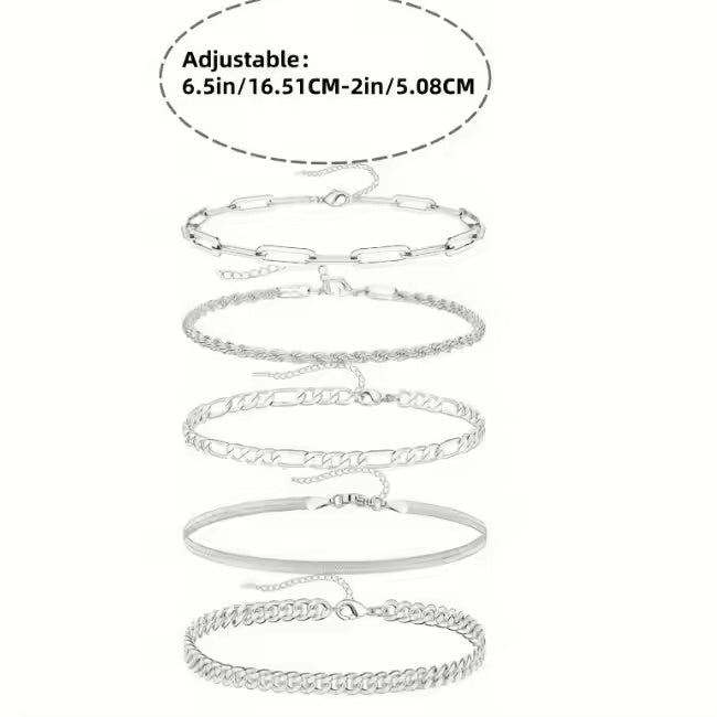 Lot 5 Bracelets Femme Argenté 14K – Set Superposable Ajustable Tendance