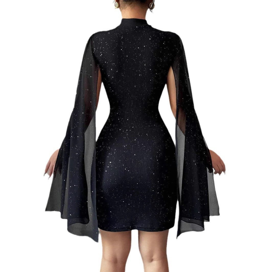 Robe Soirée Femme Chiffon Perles Col Rond – Manches Cape Moulante Élégante
